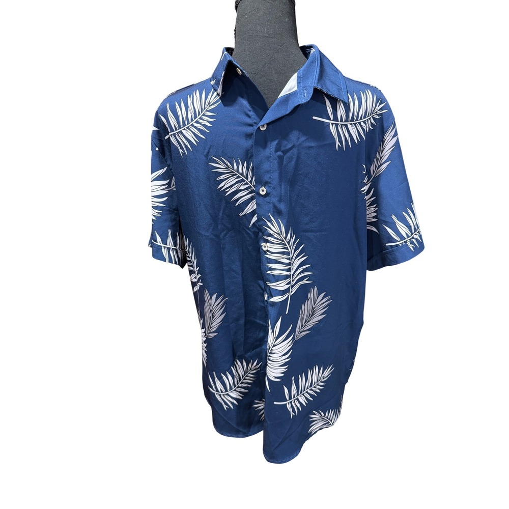 SheLucki Mens Medium Navy Blue White Palm Leaf Print Short Sleeve Button Down